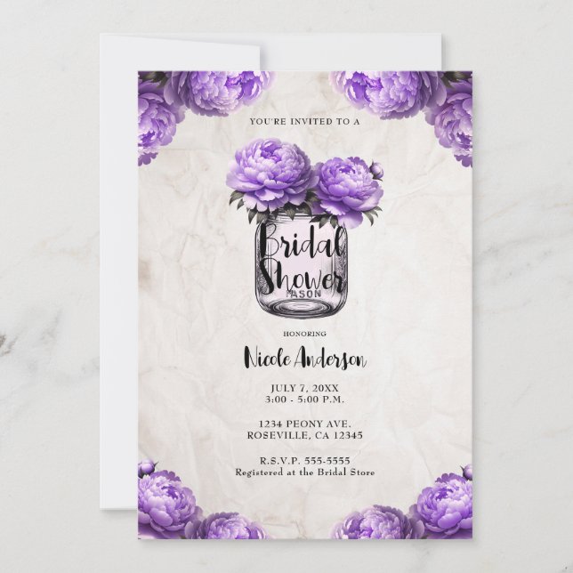 Invitation Pot de fleurs en lavande et pivoine pour une fête  (Devant)