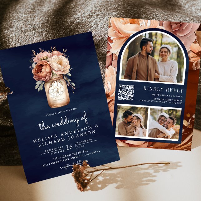 Invitation Pot de fleurs en terre cuite Navy Code QR Mariage (Créateur téléchargé)
