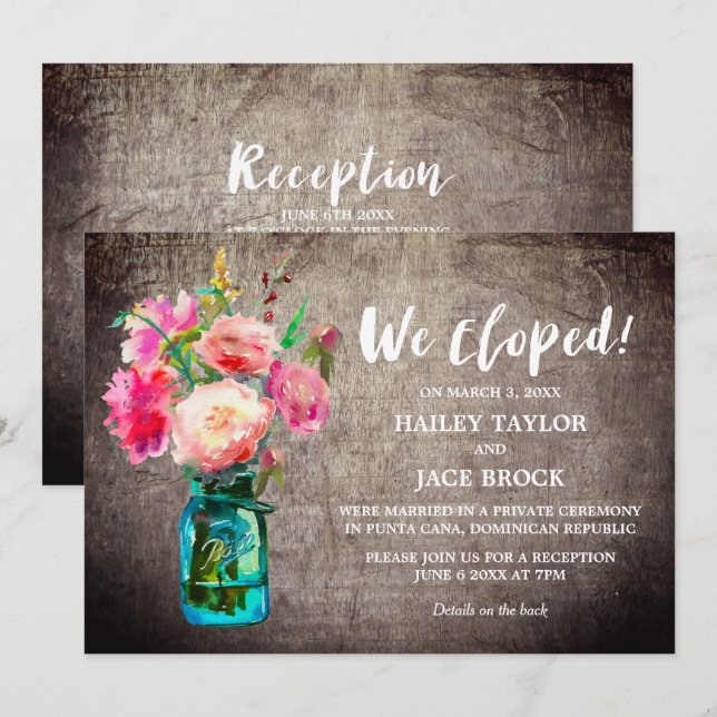 Invitation Pot de fleurs en verre pour réception d'élopement  (Devant / Derrière)