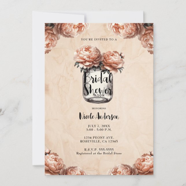 Invitation Pot de fleurs Mason aux Pêches et Paeonies pour un (Devant)