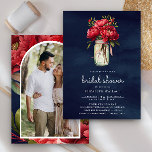 Invitation Pot de fleurs Pivoine Rouge Bocal Mason Bleu Marin