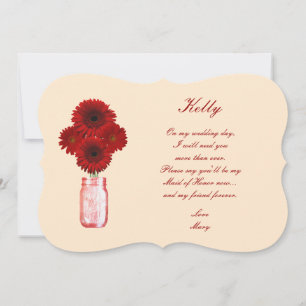 Invitation Pot de fleurs rouges en bocal Mason demoiselle d'h