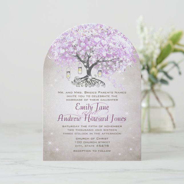 Invitation Pot de forêt en verre lavande feuille arbre mariag (Debout devant)