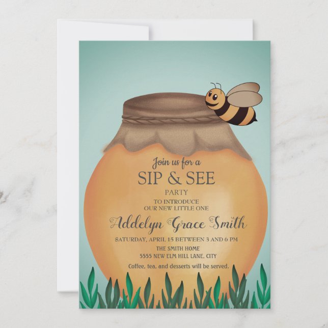 Invitation Pot de miel et Sip d'abeille Voir Baby shower (Devant)