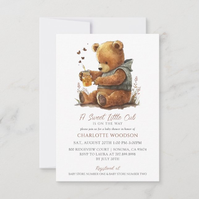 Invitation Pot de miel ourson aquarelle mignon Baby Shower (Devant)