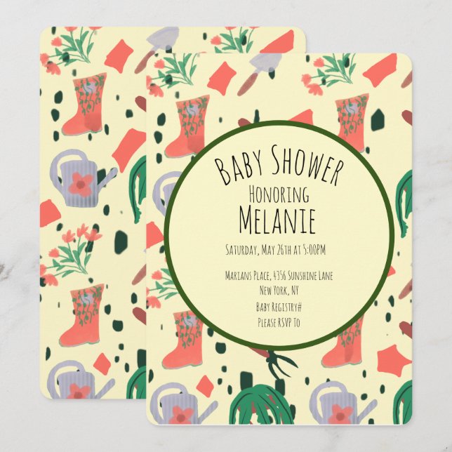Invitation Pot de outils de jardin floral de printemps Baby S (Devant / Derrière)