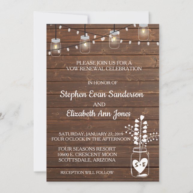 Invitation Pot de renouvellement de vœux en bois rustique cla (Devant)