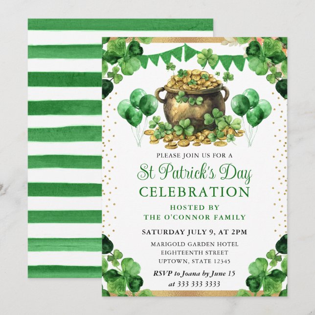 Invitation Pot d'or à l'aquarelle Saint-Patrick (Devant / Derrière)