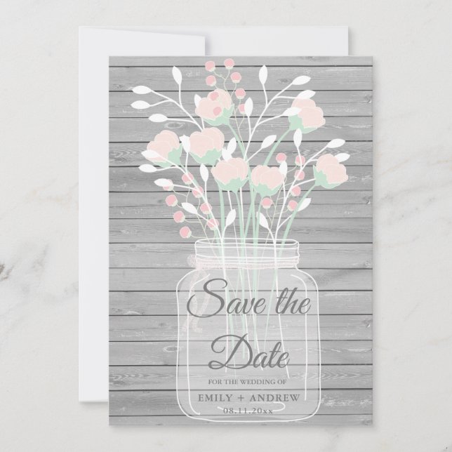 Invitation Pot en bois gris rustique enregistrer la date (Devant)