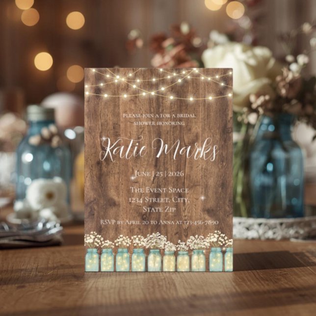 Invitation Pot en bois rustique et guirlande lumineuse pour l (Rustic bridal shower invitation mockup with blue mason jars and fairy lights)