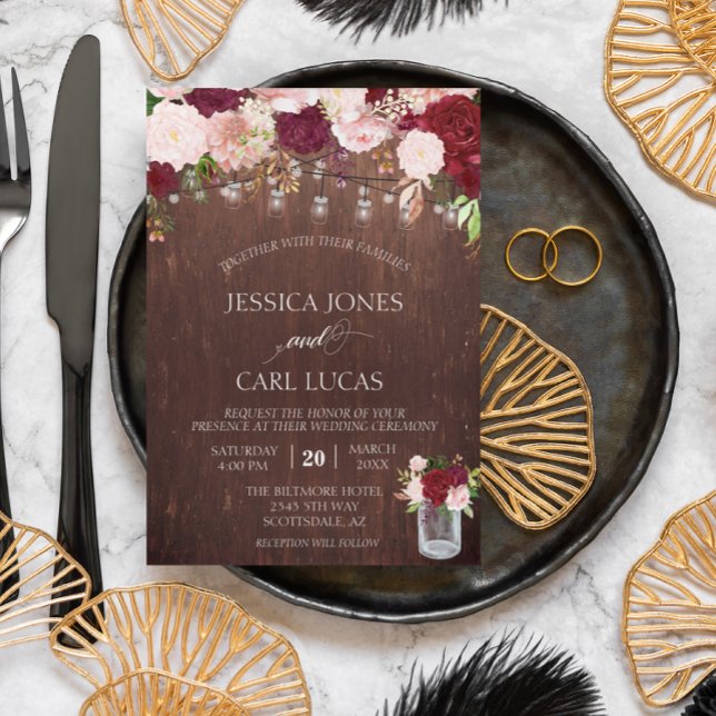 Invitation Pot en verre mason Bois rustique Bourgogne Rose pâ (Créateur téléchargé)