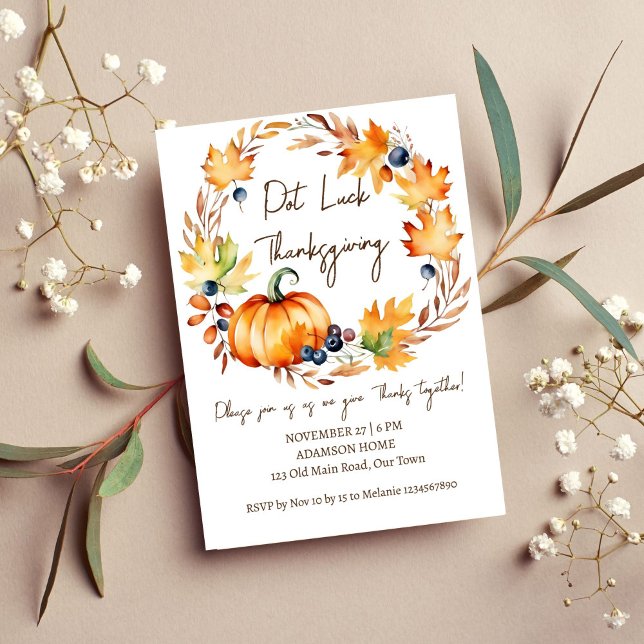 Invitation Pot Luck Thanksgiving dîner modèle (Pot Luck Thanksgiving dinner party template invitation digital download watercolor pumpkin wreath)