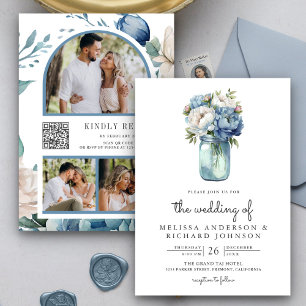 Invitation Pot Mason à code QR de mariage Pivoine Bleu et Bla