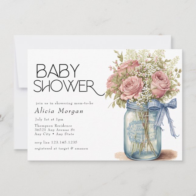Invitation Pot Mason | Baby shower Roses roses (Devant)