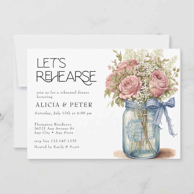 Invitation Pot Mason | Dîner de répétition rose (Devant)