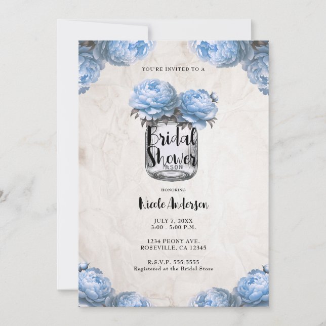 Invitation Pot Mason Fleur de Pivoine Bleu Clair Mariage Rust (Devant)