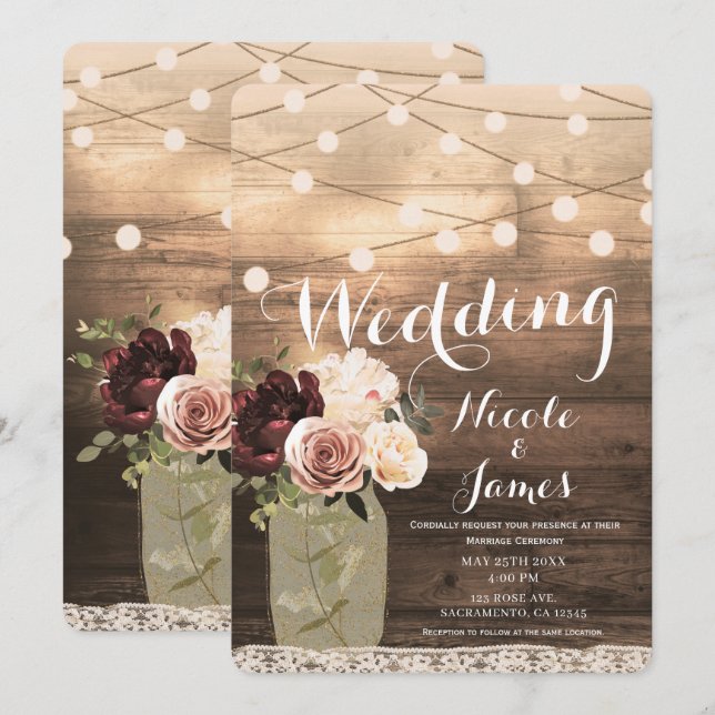 Invitation Pot Mason Floral & Lumières Mariage Rustique Campa (Devant / Derrière)