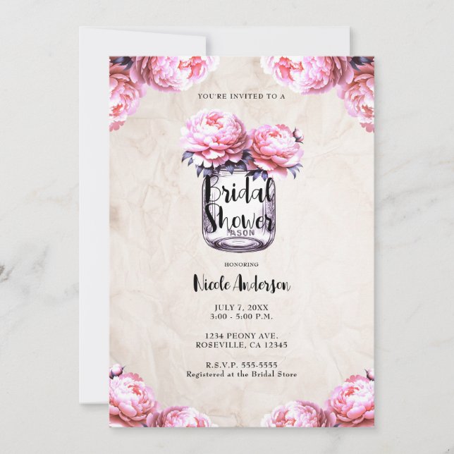 Invitation Pot Mason Jar Fleur de Pivoine Rose Mariage Champê (Devant)