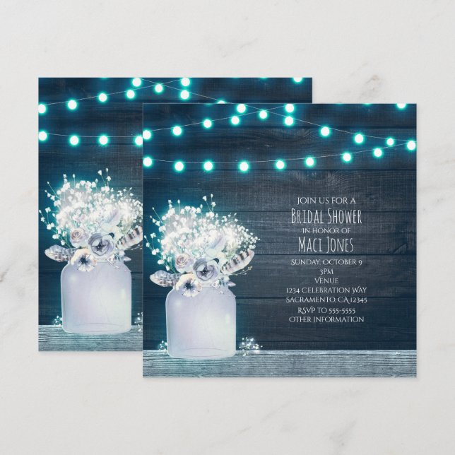 Invitation Pot Mason Jar Lumières Bleues Floral Mariage Rusti (Devant / Derrière)