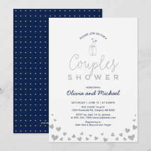 Invitation Pot Mason, Mariage Couple Argent & Navy Shower