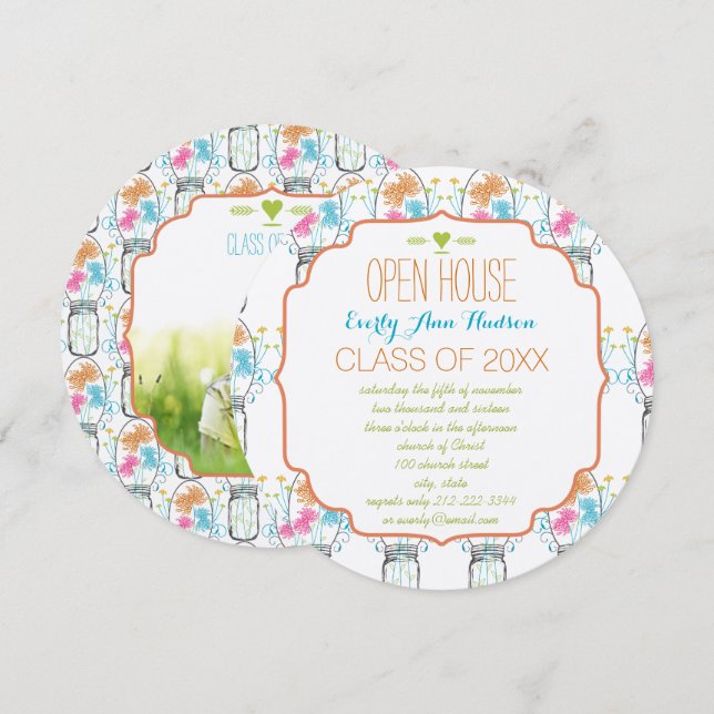 Invitation Pot Mason Photo Corail Rose Aqua Floral Diplôme (Devant / Derrière)