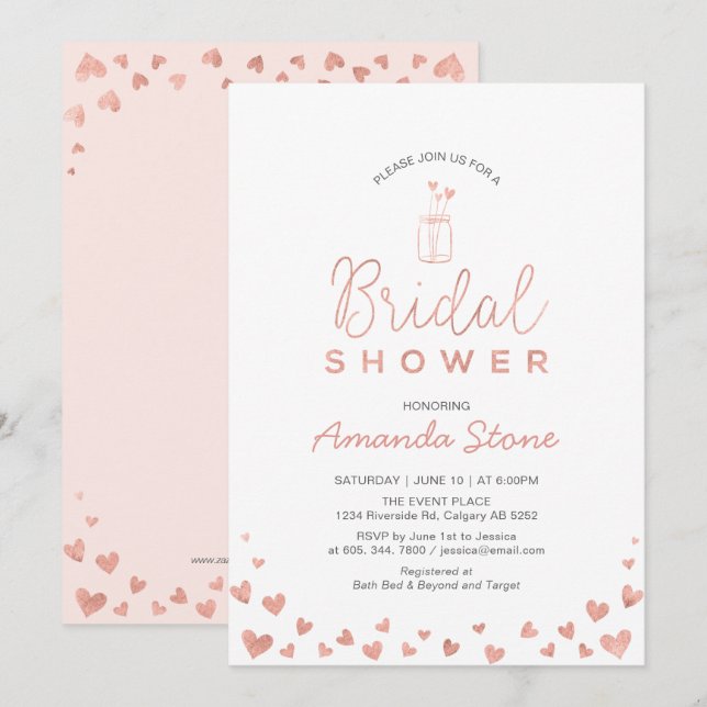 Invitation Pot Mason, Rose Gold & Rose Pâle Enterrement de Vi (Devant / Derrière)