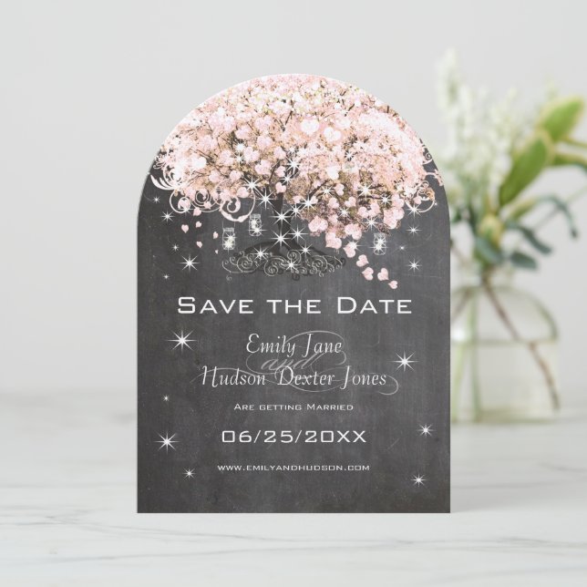 Invitation Pot Mason Rose Tableau Noir Cœur Feuille Arbre (Debout devant)