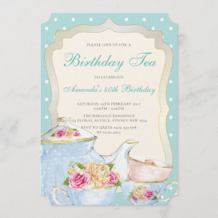 Invitation Pot Polka Party de thé d'anniversaire fleuri de lu