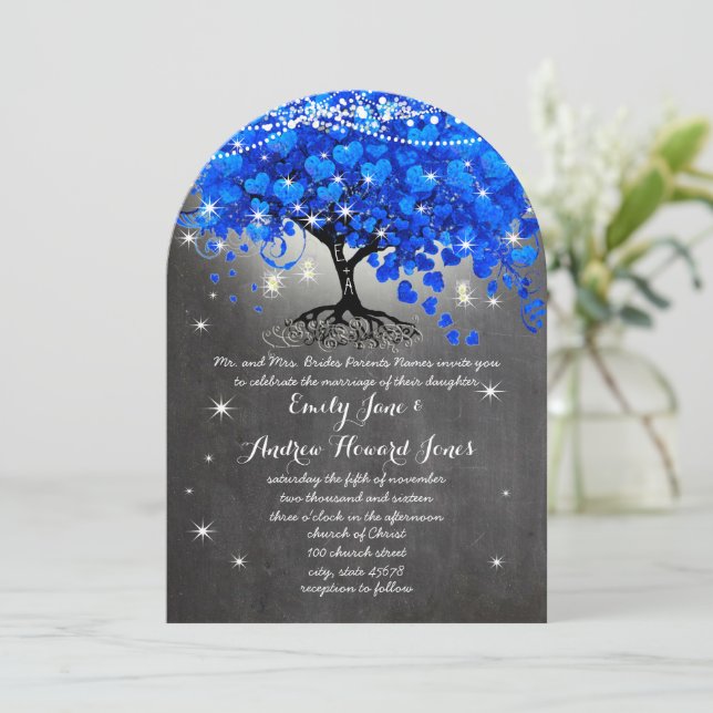 Invitation Poterne Royal Bleu Coeur Feuille Arbre en pot Maso (Debout devant)
