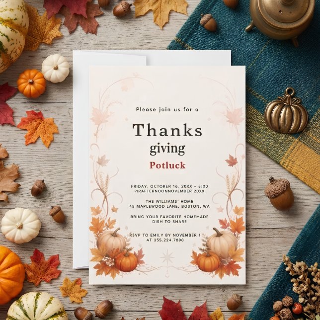 Invitation Potluck de Thanksgiving Citrouille Aquarelle Minim (Créateur téléchargé)