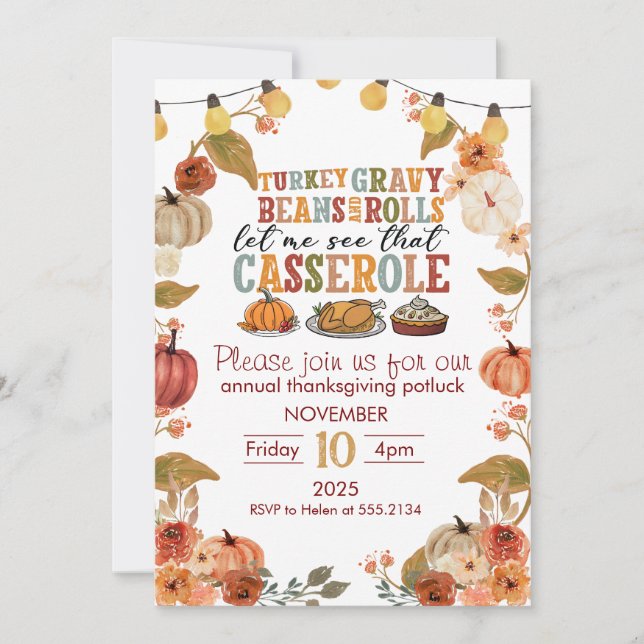 Invitation Potluck de Thanksgiving Fête Rustique d (Devant)