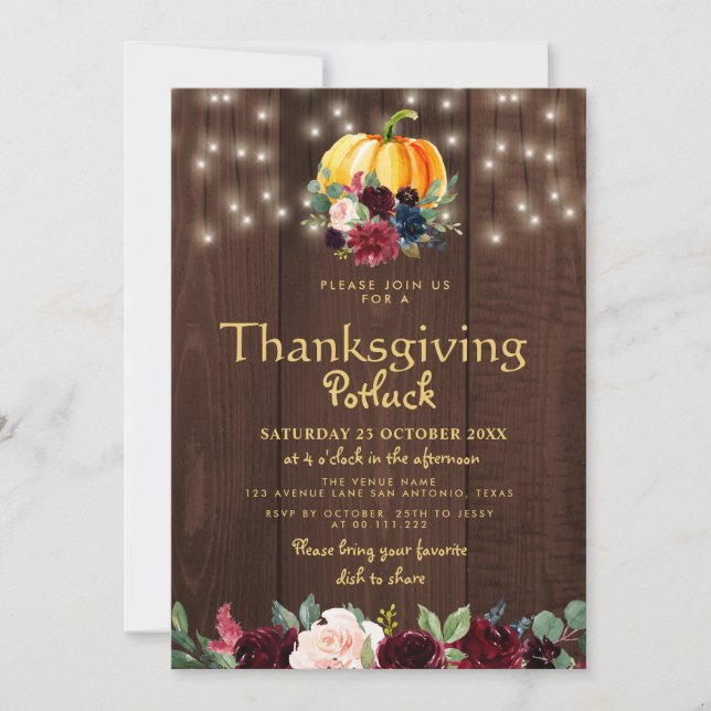 Invitation Potluck de Thanksgiving floral aquarelle rustique (Devant)
