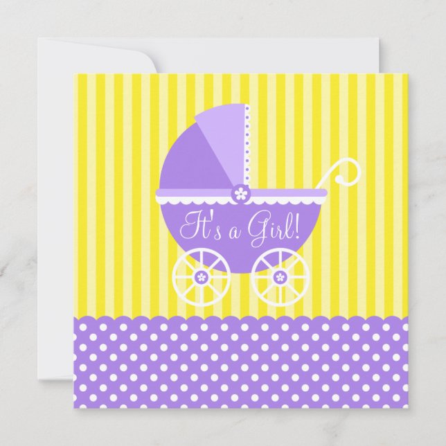 Invitation Pots de transport jaune violet Baby shower fille (Devant)