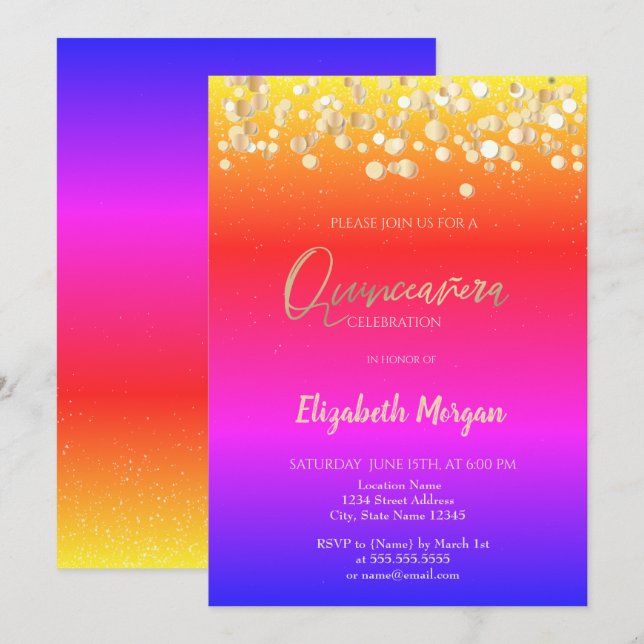 Invitation Pots Élégants, Confetti Colorful Ombre Quinceañera (Devant / Derrière)