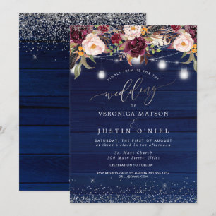 Invitation Pots Mason Rustique Bois Bleu Marine + Fleurs Bour