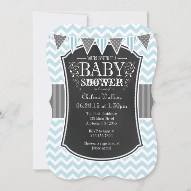 Invitation Poudre bleu Chalkboard Chevron Baby shower Invitat (Devant)