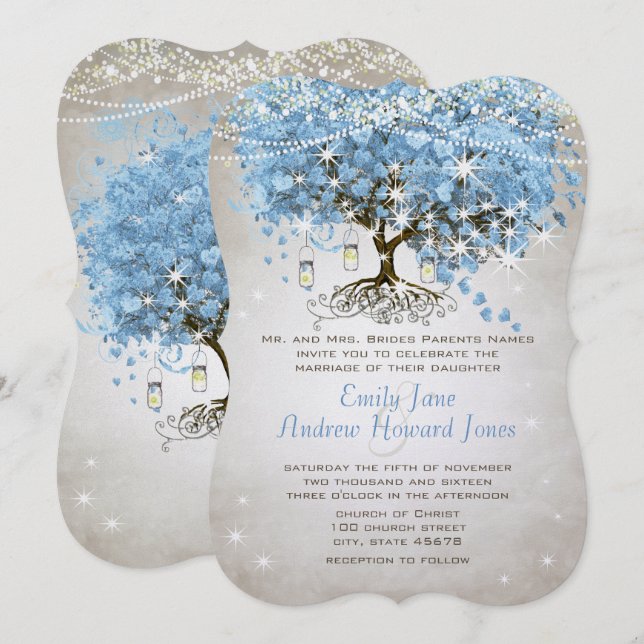 Invitation Poudre Bleu Coeur Arbre (Devant / Derrière)