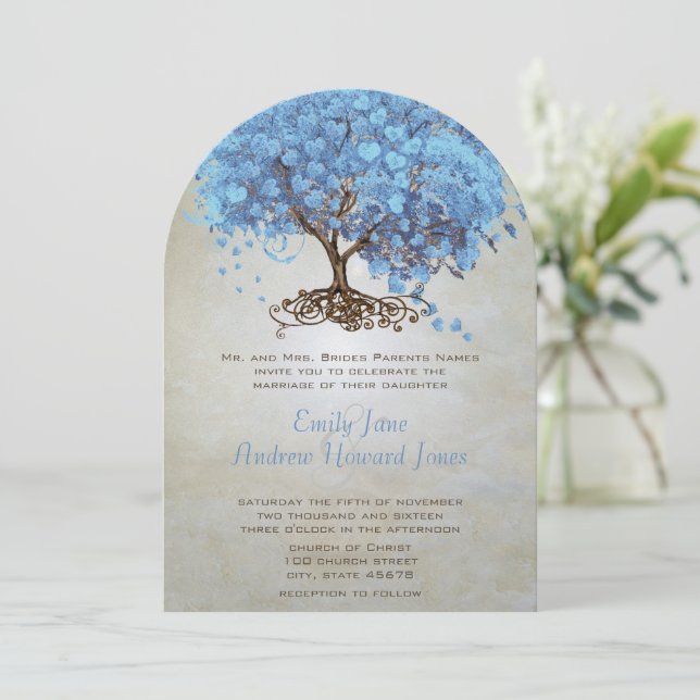 Invitation Poudre Bleu coeur Leaf Arbre Mariage Invite (Debout devant)
