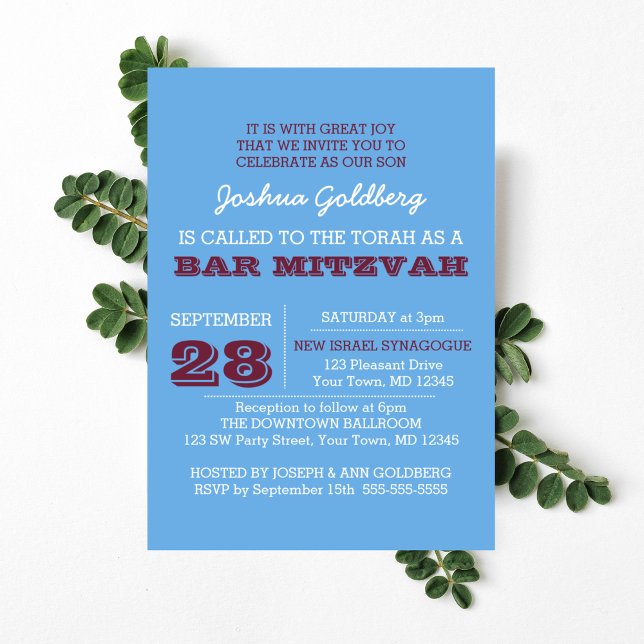 Invitation Poudre bleu et nom de la marron Logo Bar Mitzvah (Créateur téléchargé)