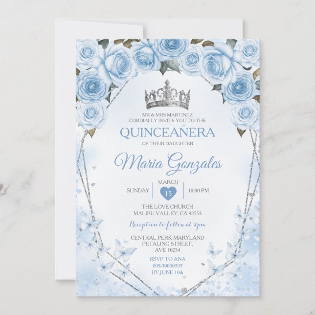 Invitation Poudre Bleu Quinceañera Papillon de la Couronne 15 (Devant)