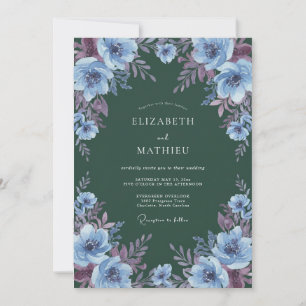 Invitation Poudre Bleue Fleurie de Mariage Vert Profond