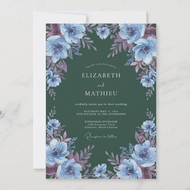 Invitation Poudre Bleue Fleurie de Mariage Vert Profond (Devant)