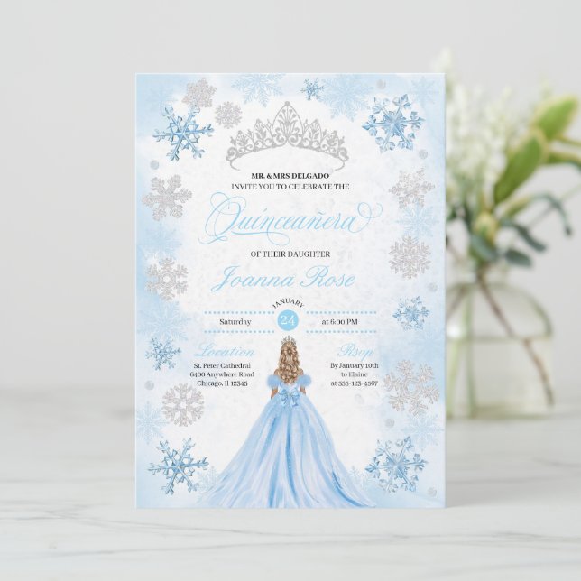 Invitation Poudre Blue Winter Wonderland Quinceanera (Debout devant)