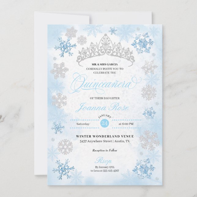 Invitation Poudre Blue Winter Wonderland Quinceanera (Devant)
