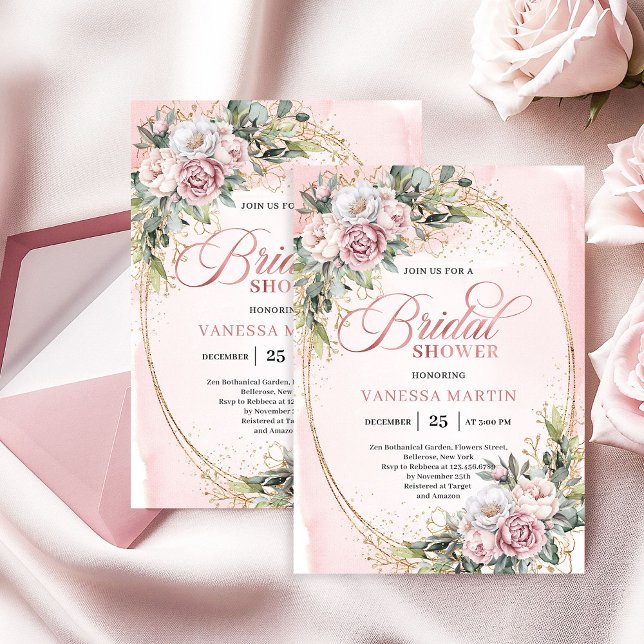 Invitation Poudre Chic Fleurs Roses Eucalyptus Enterrement de (Chic Powder Pink Floral Eucalyptus Bridal Shower)