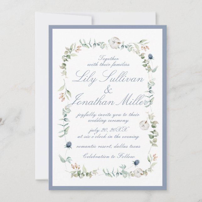 Invitation Poudre claire bleu Romantique Mariage de cadre flo (Devant)