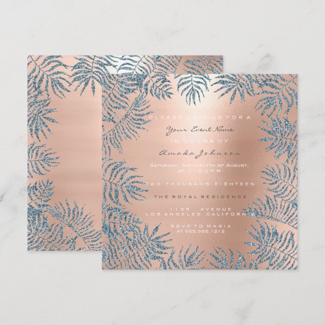 Invitation Poudre de Paillettes Rose Gold Florale Bleu Rose (Devant / Derrière)