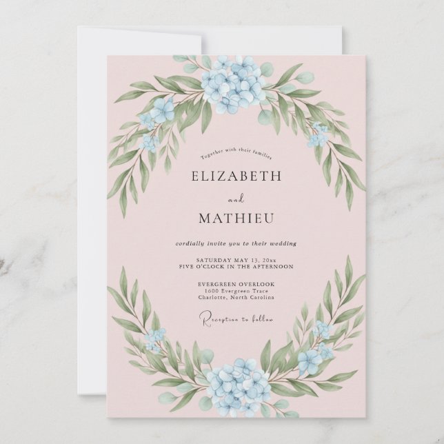 Invitation Poudre de rose bleu éthéré mariage printanier (Devant)