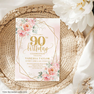 Invitation Poudre rose or intemporelle florale 90e anniversai