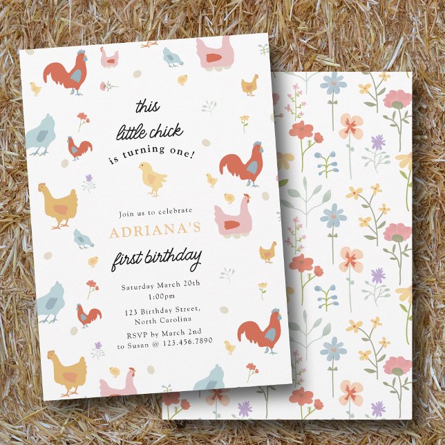 Invitation Poules et poussins mignons Fille Premier anniversa (Cute Chickens Hens and Chick Girl First Birthday Invitation)